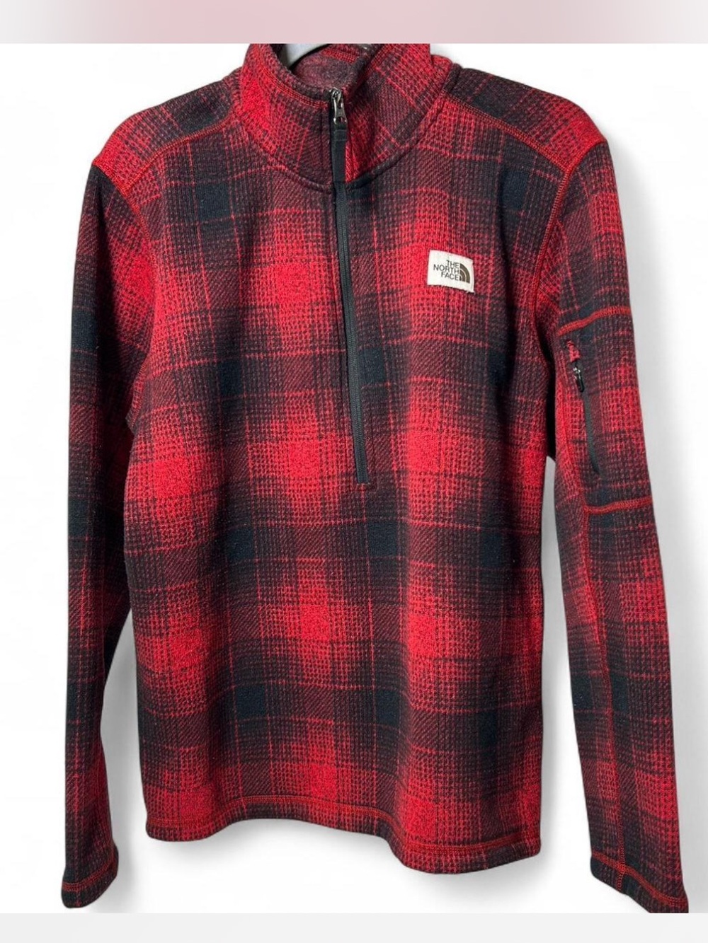 The North Face Men’s Red and Black Plaid Half-Zip Sweater
